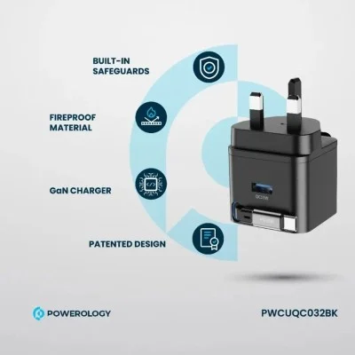 Wall Charger Dual Port | Retractable Gan Charger Powerology - Black